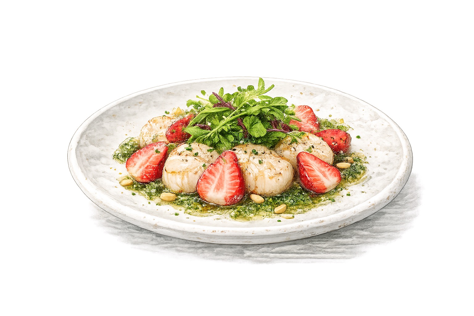 イチゴとホタテのサラダ青のりジュレソース